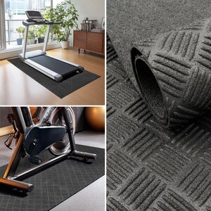May include: Black exercise mats with a diamond pattern, shown under a treadmill and a stationary bike. A close-up reveals the textured surface of the rolled-up mat. These mats are designed to protect floors and reduce noise during workouts.