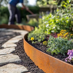 Puede incluir: Un borde de jardín de metal marrón oxidado y curvado define un parterre lleno de plantas verdes y amarillas. Un camino de piedra bordea el borde. Una persona trabaja en el fondo con un rastrillo.