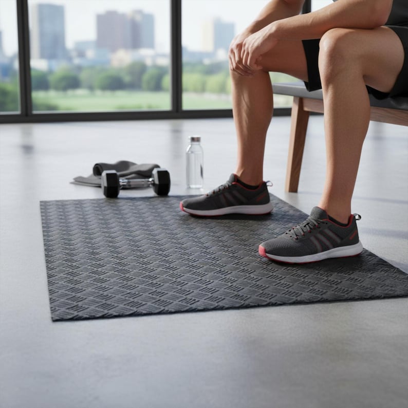 May include: A grey exercise mat with a textured pattern, a dumbbell, a water bottle, and grey athletic shoes with red accents. The scene is set in a room with a large window overlooking a cityscape.