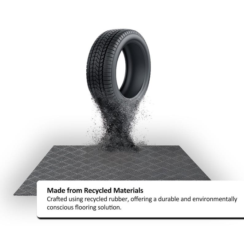 May include: A black tyre seemingly disintegrating into a dark grey, textured mat. The image includes the text "Made from Recycled Materials" and "Crafted using recycled rubber, offering a durable and environmentally conscious flooring solution."