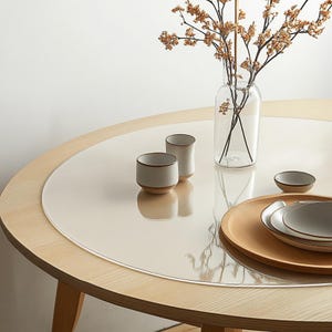 May include: A round wooden table with a clear protective table cover. The table has a vase with dried flowers and two small ceramic cups on the surface. A wooden tray with a plate and bowl is also on the table.