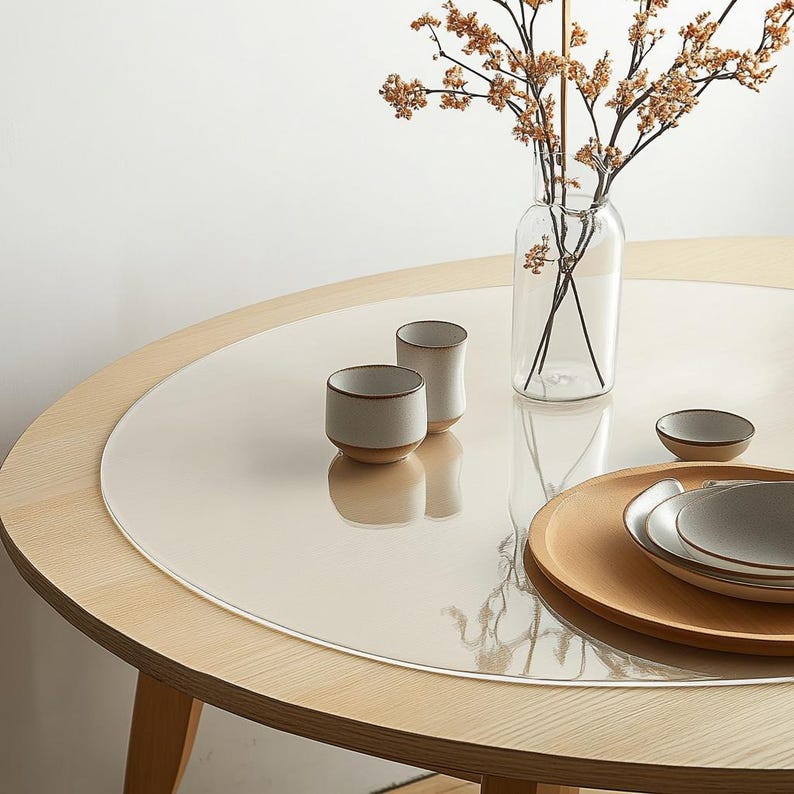 Puede incluir: Una mesa redonda de madera con un mantel protector transparente. La mesa tiene un jarr&oacute;n con flores secas y dos peque&ntilde;as tazas de cer&aacute;mica en la superficie. Una bandeja de madera con un plato y un taz&oacute;n tambi&eacute;n est&aacute; en la mesa.
