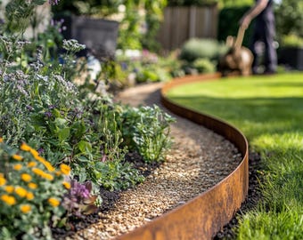 Pre-Rusted Steel Garden Edging: Flexible Metal Lawn Border 10m Roll
