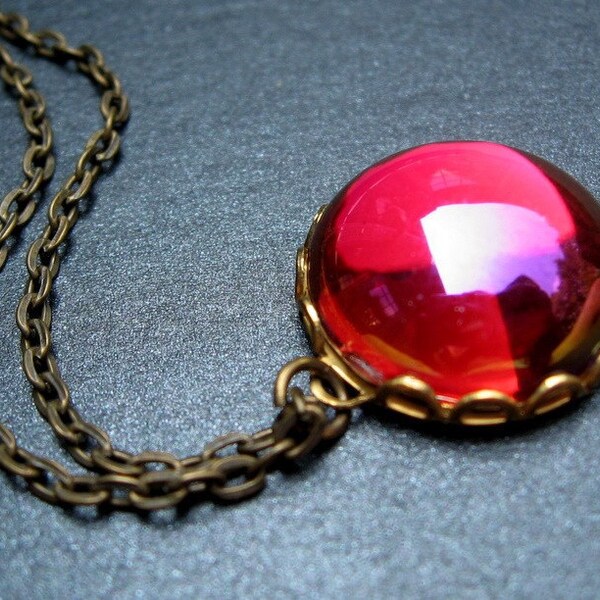 Hot Pink Crystal Necklace, Fuchsia Glass Cabochon, Antique Brass Chain - Blusher