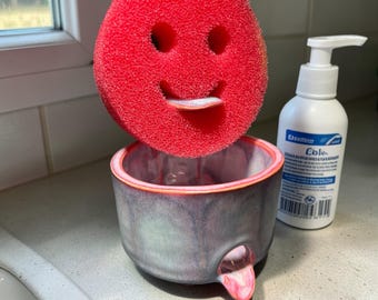 Handmade Ceramic Sponge Holder with Drain Sponge included | Footed Kitchen Sponge Caddy | Smiley Sponge Holder | Stoneware Sink Organizer