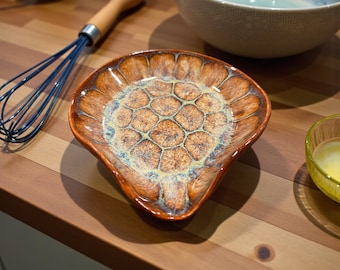 Large Handmade Ceramic Spoon Rest, Turtle Shell Glaze, Pottery Kitchen Holder, Farmhouse Decor
