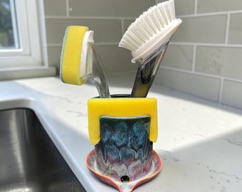 Handmade Ceramic Sponge Holder with Dish Brush Caddy | Pottery Kitchen Sink Organizer | Stoneware Sponge Holder | Farmhouse Kitchen Decor