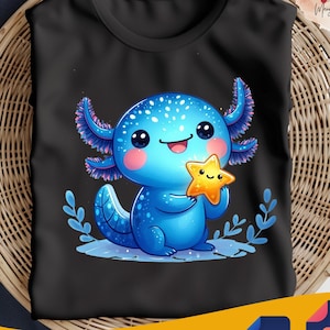 Cute Blue Kawaii Axolotl with Star Underwater Animal Lovers Baby Axolotl Png Gift Download Fantasy Ocean Animal Sublimation Design for Kids