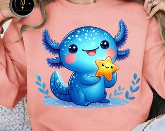Blue Kawaii Axolotl Star png Baby Axolotl Png per bambini Oceano Mare Animali Design Sott'acqua Baby Axolotl Tshirt Regalo Download digitale
