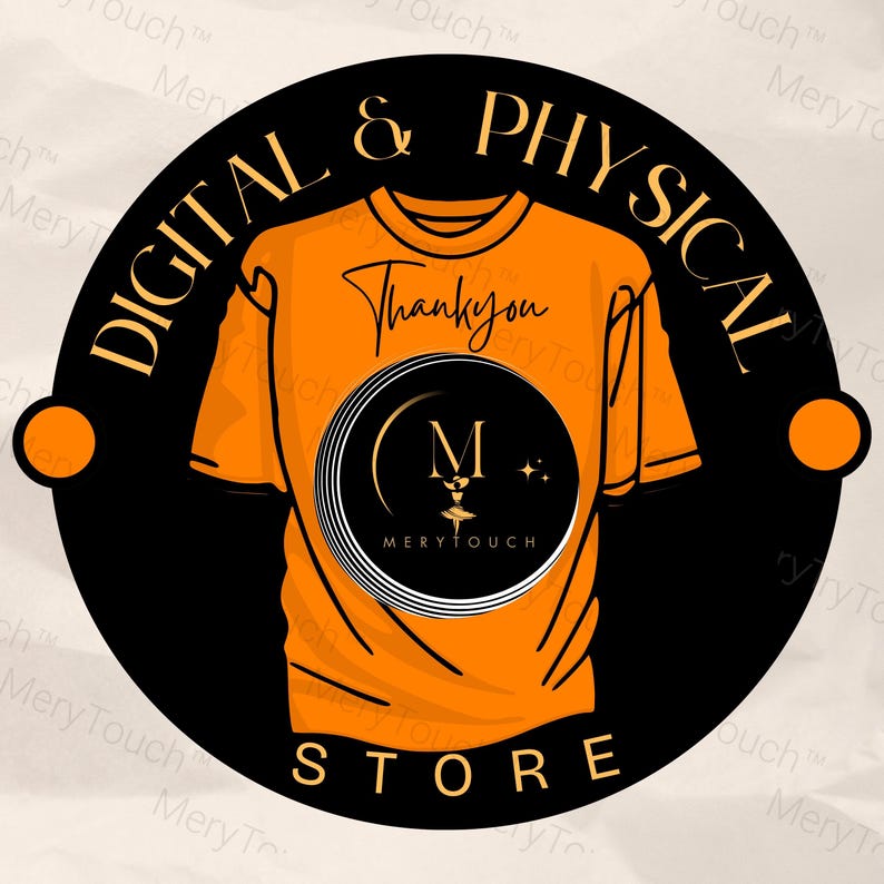 Puede incluir: Un logotipo circular con las palabras "DIGITAL & PHYSICAL STORE" en letras doradas sobre un fondo negro. Un gr&aacute;fico de camiseta naranja est&aacute; centrado, con la palabra "Thankyou" en cursiva. La camiseta presenta un dise&ntilde;o circular con la letra "M" y las palabras "MERYTOUCH".