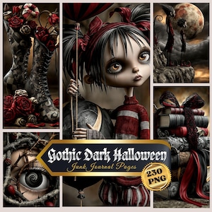 Peut inclure: Une collection numérique de pages de junk journal Gothic Dark Halloween comprenant 230 fichiers PNG. Les images incluent un personnage aux cheveux noirs tenant un ballon, des bottes à lacets avec des roses rouges, des livres et un œil stylisé.