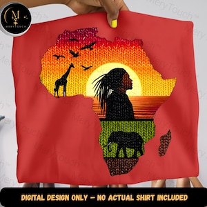 May include: A red fabric with a graphic of the African continent. The design includes a sunset, a giraffe, birds, a woman's silhouette, and an elephant. The text "DIGITAL DESIGN ONLY - NO ACTUAL SHIRT INCLUDED" is at the bottom.