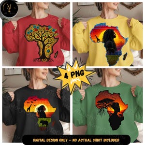May include: Four sweatshirts with African-themed designs. The designs are in the shape of the African continent. The designs include a tree, a sunset with a giraffe, and a silhouette of a person. The sweatshirts are red, yellow, black, and green.