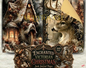 May include: A digital collection of 160 PNG junk journal pages featuring an ornate Victorian Christmas theme. The imagery includes a snow-covered house with glowing windows, a deer with large antlers, and decorative frames with gold text.
