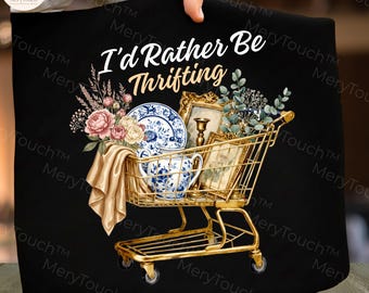 I’d Rather Be Thrifting PNG, Thrift Aesthetic Shirt design, Blue and Gold Vintage Decor Cart Retro Thrifting Graphic Boutique Style Digital