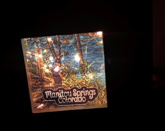 Light up cube with stained glass Manitou Springs Pictures and fairy lights. All pictures made by me