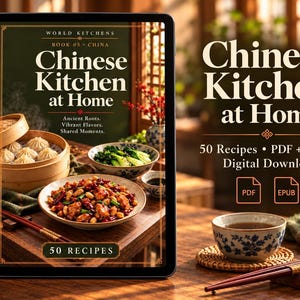 Puede incluir: Una tableta digital muestra la portada de un libro de cocina titulado World Kitchens Book 05 China Chinese Kitchen at Home, con imágenes de dim sum, salteados y bok choy. El texto 50 Recipes PDF + EPUB Digital Download aparece al lado.