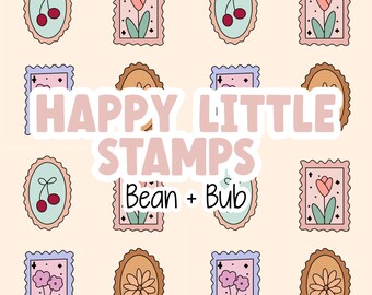 Pode incluir: Uma coleção de selos ilustrados com vários desenhos, incluindo cerejas, flores e uma tulipa. Os selos têm formatos oval e retangular, com o texto "HAPPY LITTLE STAMPS" e "Bean + Bub". O fundo é de cor pêssego claro.