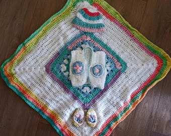 Handmade Crochet Infant Layette Set – Bright Color Baby Hat, Vest, Booties & Blanket, Newborn Gift Set, Soft Cozy Baby Shower Gift
