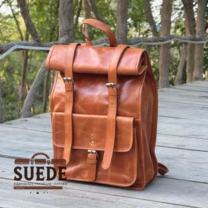 Leather Roll Top Backpack - Handmade Full Grain Leather Backpack, Vintage Laptop Daily Bag, Travel, Hiking, Rustic Rucksack Gift for Him Her