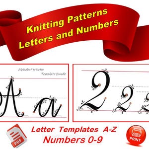 Op de afbeelding: Printbare breipatronen voor letters A tot Z en cijfers 0 tot 9. De afbeelding toont een voorbeeld van letter A en cijfer 2 met stippellijnen om de breier te begeleiden.