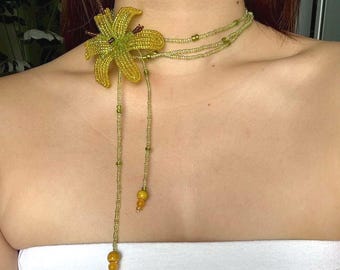 Handmade Beaded Lily Flower Necklace: Yellow Green Seed Bead Jewelry