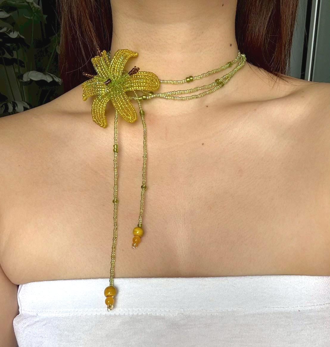 Handmade Beaded Lily Flower Necklace: Yellow Green Seed Bead