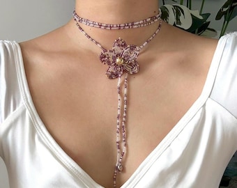Naszyjnik z fioletowych koralików orchidei: ręcznie robiony naszyjnik z koralików nasiennych w kształcie kwiatu lariat
