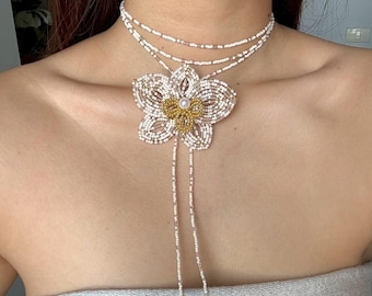 Handmade Orchid Beaded Necklace • Pearl Choker, Adjustable Lariat