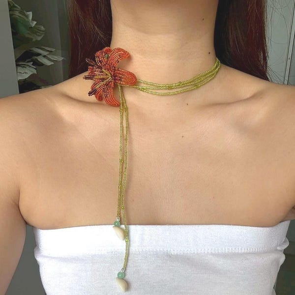 Orange Lily Beaded Necklace: Adjustable Floral Lariat Choker