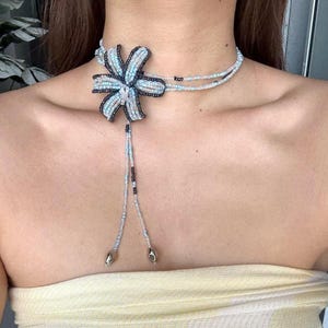 Blue Lily Beaded Necklace – Handmade Adjustable Choker with Glass Beads | Unique Floral Statement Jewelry