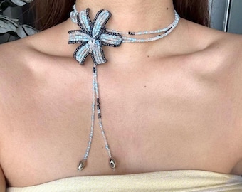 Blue Lily Beaded Necklace – Handmade Adjustable Choker with Glass Beads | Unique Floral Statement Jewelry