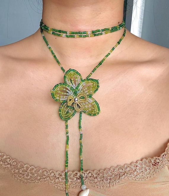 Handmade Green Beaded Orchid Flower Necklace – Adjustable Seed