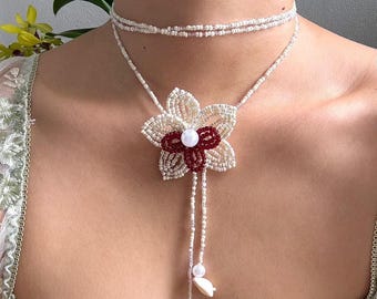 Handmade Seed Bead Orchid Necklace: Adjustable Lariat Choker with Shell