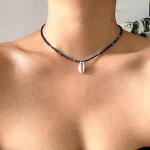 Cowrie Shell Choker: Black Seed Bead Necklace, Boho Beach Jewelry