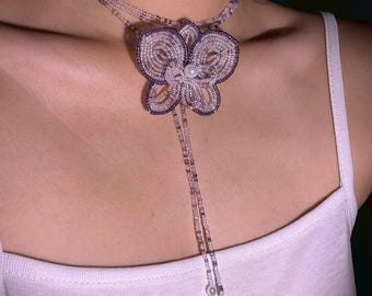 Handmade Orchid Beaded Lariat Necklace • Boho Seed Bead Choker