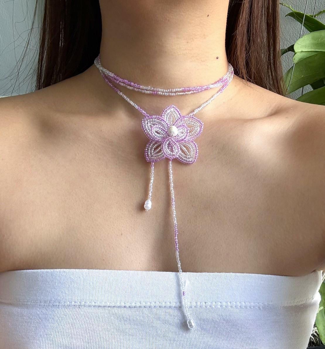 Purple Orchid Beaded Choker: Handmade Lariat Necklace, Fairycore Jewelry