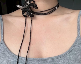 Black Lily Beaded Lariat Necklace • Handmade Seed Bead Flower Choker • Adjustable Boho Statement Jewelry