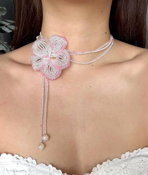 Beaded Hibiscus Choker: Handmade Pink White Floral Necklace