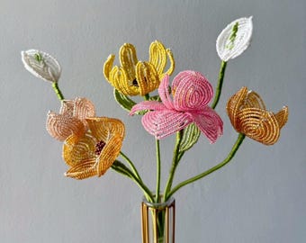 Handmade Beaded Flower Bouquet | Colorful Beadwork Floral Arrangement | Wire Art Flowers in Vase | Unique Home Decor Gift