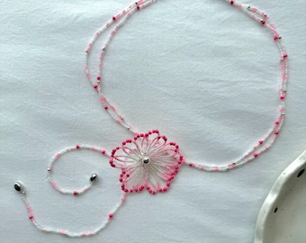 Handmade Pink Cosmos Flower Beaded Necklace – Adjustable Seed Bead Choker – Delicate Floral Jewelry