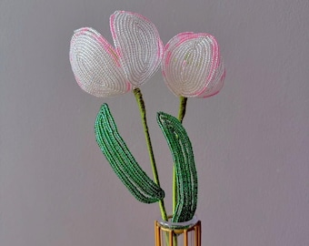 Steli di tulipano rosa con perline fatti a mano: decorazione floreale con perline di vetro - Set da 2