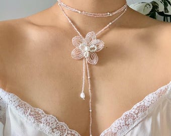 Handmade Pink Orchid Beaded Lariat Necklace: Pearl Choker