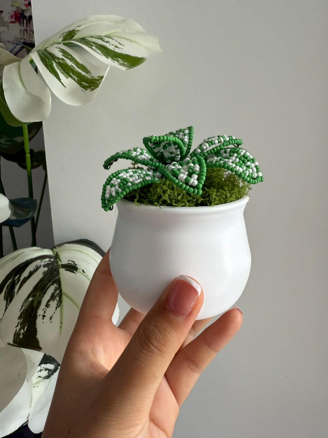 手作りビーズ多肉植物：5インチポット入りグリーンビーズサボテン