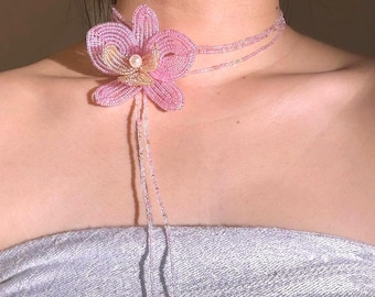 Handmade Pink Orchid Seed Bead Necklace: Boho Pearl Choker