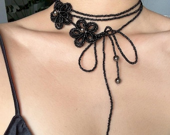 Black Beaded Flower Lariat Choker | Handmade Adjustable Necklace