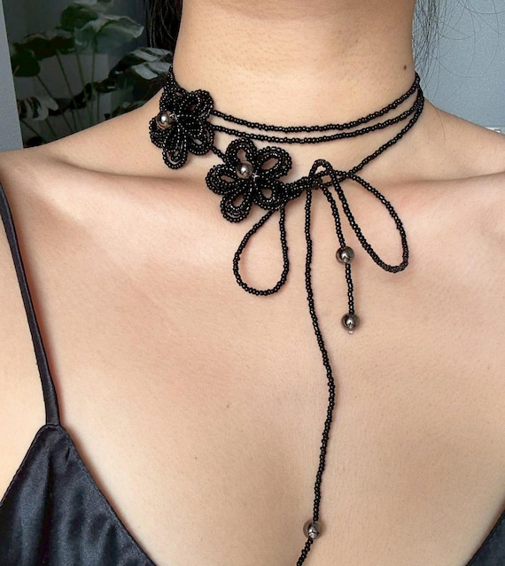 Black Beaded Flower Lariat Choker | Handmade Adjustable Necklace