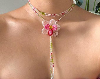 Pink Orchid Beaded Lariat Necklace: Handmade Seed Bead Flower Choker