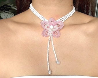 Handmade Pink Orchid Beaded Necklace: Adjustable Lariat Choker