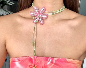 Pink Lily Beaded Necklace | Handmade Flower Lariat Choker | Adjustable Seed Bead Jewelry Gift